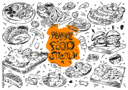 Hand drawn vector illustration on white background. Cartoon doodle restaurant food menu: burger, nuggets, sausages, nachos, pancakes, cheeses, meat, bruschetta, sandwich, french fries, sauce, tacos