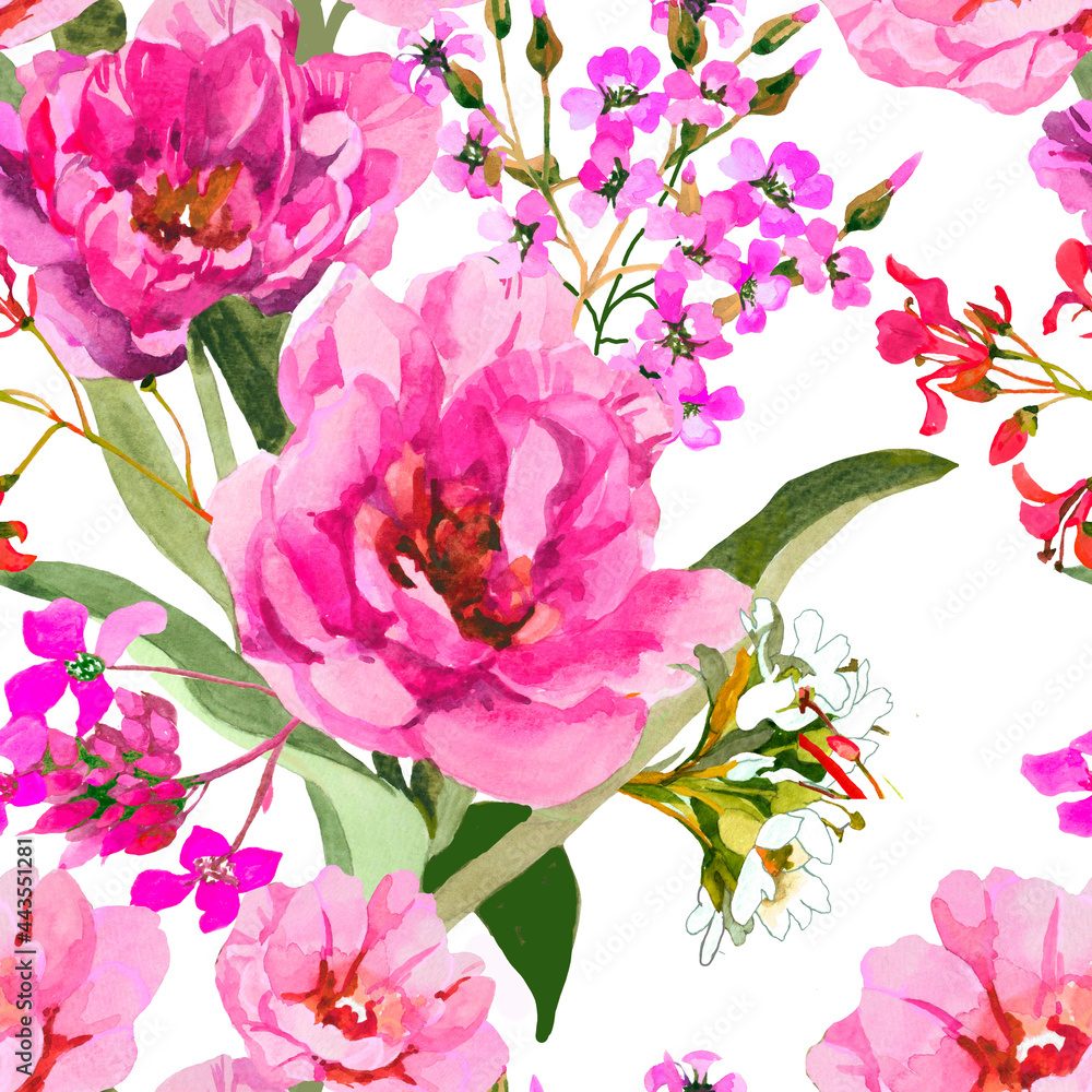  Pink tulips and wildflowers watercolor on white background seamless pattern for all prints.