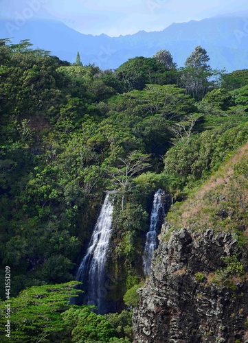 the  double opaekaa falls in the wailua river state park from the kuamo'o road overlook in kauai. hawaii photo