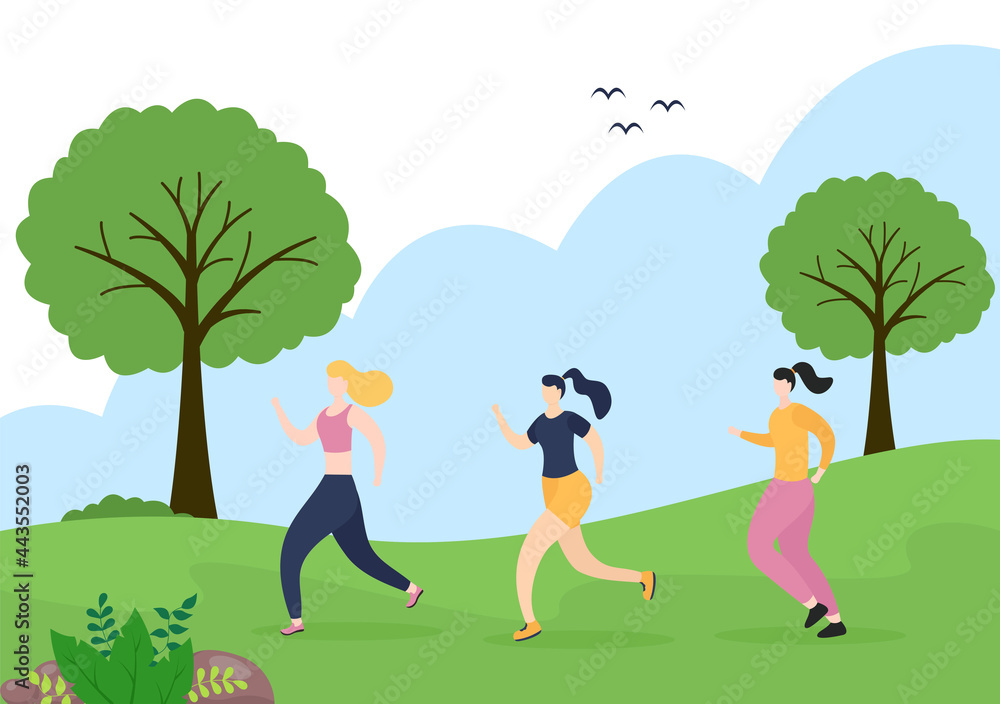 Jogging or Running Sports Background Illustration Men and Women for Active Body, Healthy Lifestyle, Outdoor Activities