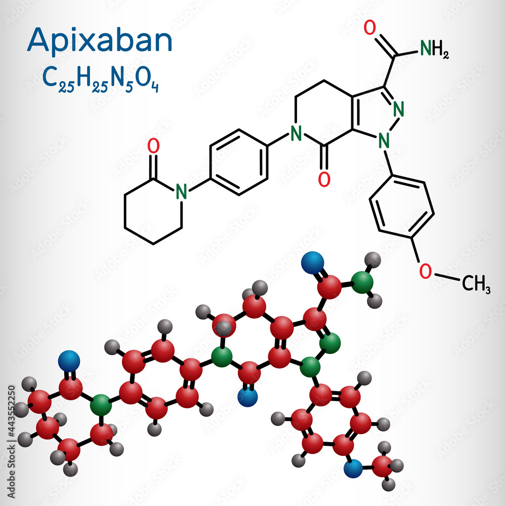 Apixaban molecule. It is pyrazolopyridine, anticoagulant and direct inhibitor of factor Xa which is used to decrease the risk of venous thromboses. Structural chemical formula, molecule model Apixaban molecule. It is pyrazolopyridine, anticoagulant and direct inhibitor of factor Xa which is used to decrease the risk of venous thromboses. Structural chemical formula, molecule model