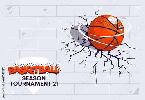 Vector illustration of a white broken wall from the impact of a basketball, a crack in the wall, the season of the national basketball tournament © Leonid