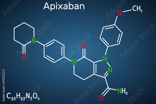 Apixaban molecule. It is pyrazolopyridine, anticoagulant and direct inhibitor of factor Xa which is used to decrease the risk of venous thromboses. Dark blue background