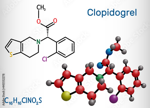 Clopidogrel molecule. It is prodrug, antiplatelet medication, used to reduce risk of myocardial infarction and stroke. Structural chemical formula, molecule model