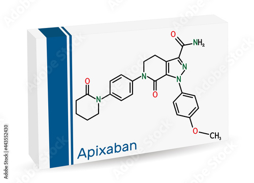 Apixaban molecule. It is pyrazolopyridine, anticoagulant and direct inhibitor of factor Xa which is used to decrease the risk of venous thromboses. Paper packaging for drugs photo