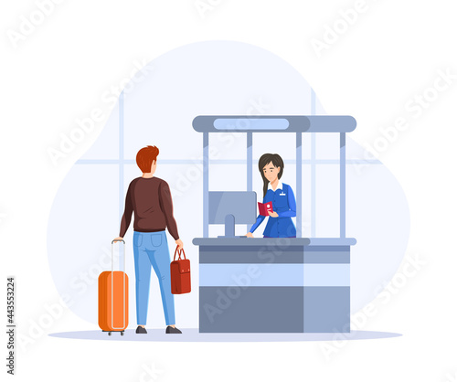 Man with luggage suitcases in queue to flight attendant behind airport check in counter, verification of documents for flight across border.