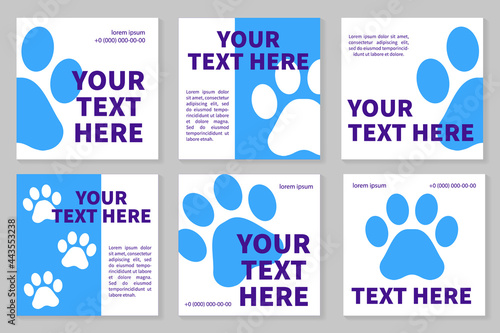 Veterinary clinic social media template. Pet care social media post. Web banner square template. Pet care service promotional banner. Blue background color with shape. Vector illustration