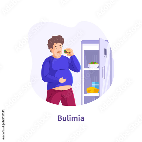 Fat man with big tummy suffering bulimia. Psychological disorder binge eating