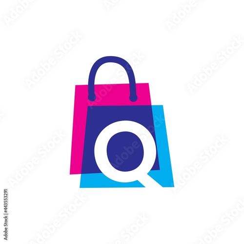 q letter shop store shopping bag overlapping color logo vector icon illustration