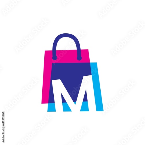 m letter shop store shopping bag overlapping color logo vector icon illustration