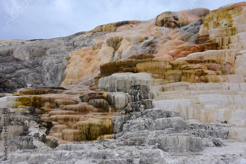 colorful travertine terraces and hot spring run off at minerva  terrace at mammoth hot springs in yellowstone national park, wyoming