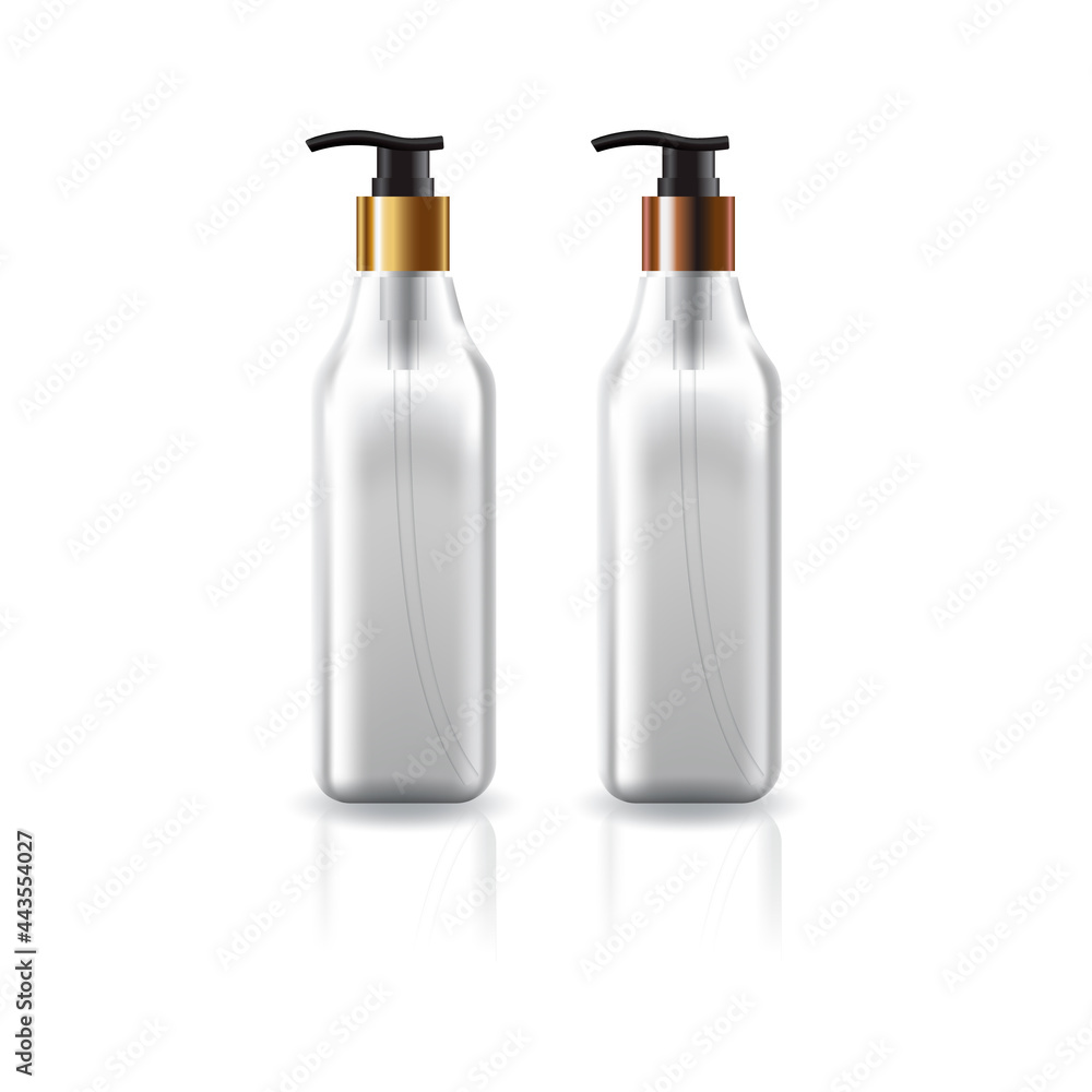 Blank clear square cosmetic bottle with gold-copper pump head for beauty or healthy product. Blank clear square cosmetic bottle with gold-copper pump head for beauty or healthy product.