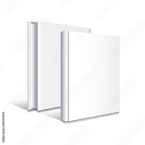 Blank white front-back standing hardcover book mockup template. Isolated on white background with shadow.