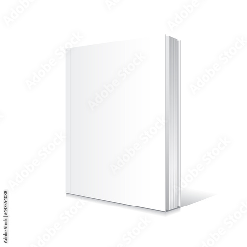 Blank white standing and slightly open thin softcover book or magazine mockup template.