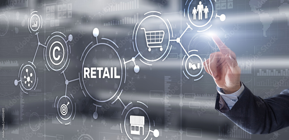 Fototapeta premium Retail concept marketing channels E-commerce Shopping automation on virtual screen