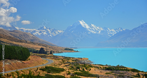 spectacular view of mount cook and turquoise-colored lake pukaki in summer along the road  from twizel to mount cook village, on the south island of new zealand