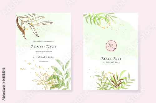 Minimal pink tropical Wedding Invitation, floral invite thank you, rsvp modern card Design in  watercolor flower and leaf with golden line decorative Vector elegant rustic template