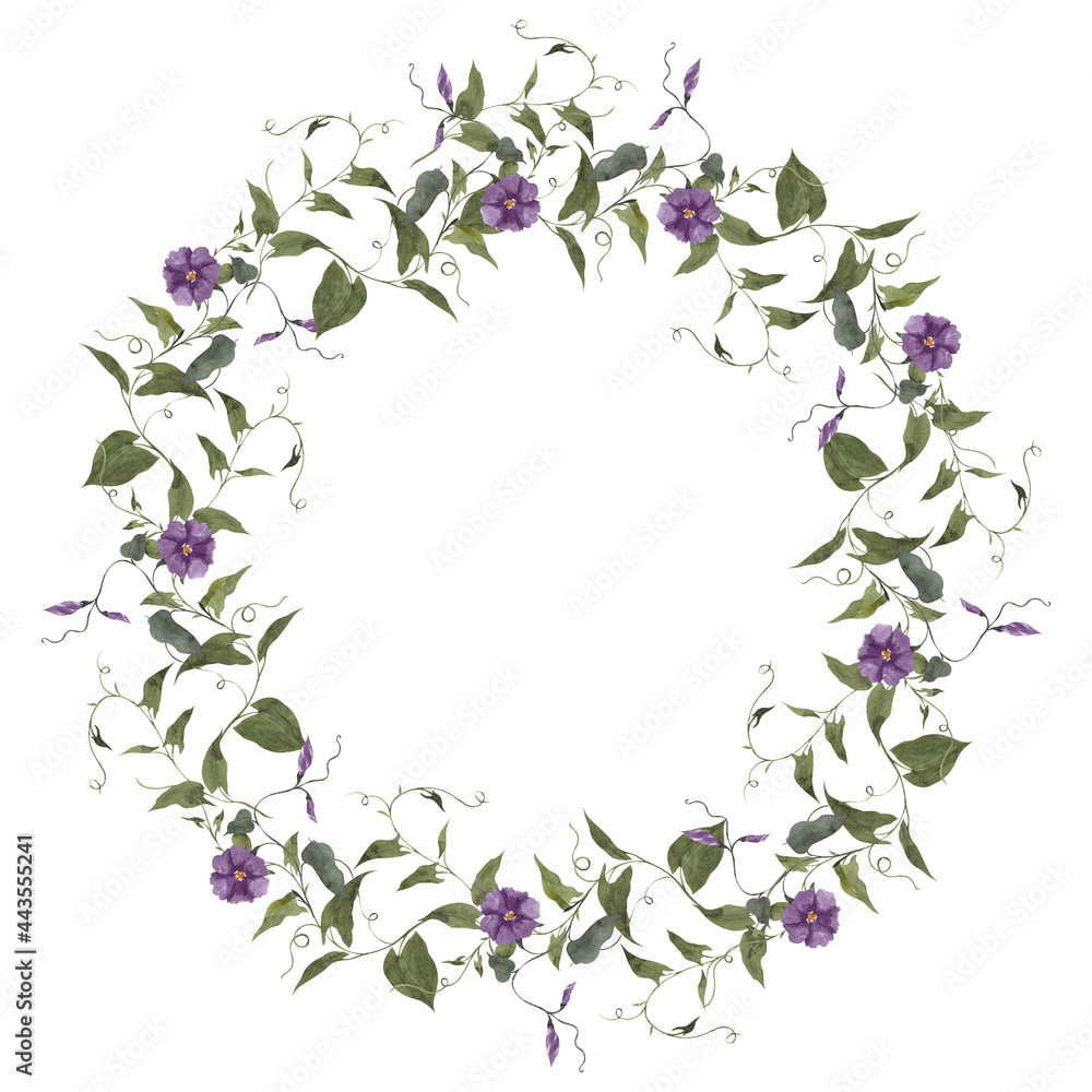 Watercolor vintage illustration. Retro wreath with wildflowers, forest herbs, isolated on white background