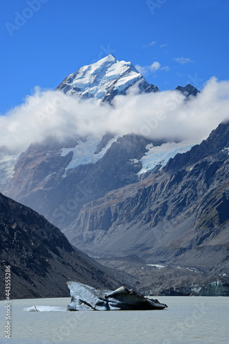spectacular views of mount cook and hooker lake and icebergs along the hooker valley track on a summer day in summer, near mount cook village on the south island of new zealand