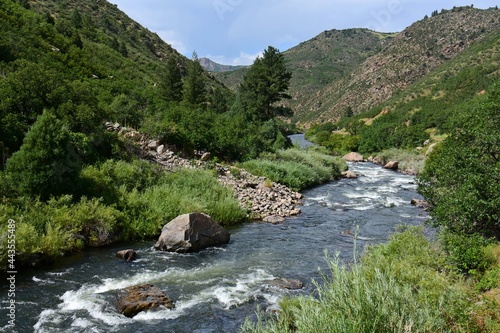 south  platte river rapids and foothills in summer  in waterton canyon, littleton, colorado       photo