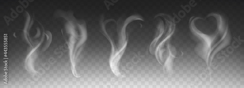 Steam smoke realistic set with heart and swirl shape on dark transparent background. White fume waves of hot drink, coffee, cigarettes, tea or food. Mockup of flow mist swirls. Fog effect concept.