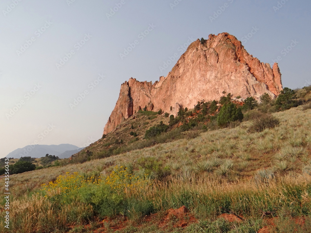    dramatic red rock formation in the  Garden of the gods park in summer, colorado springs, colorado