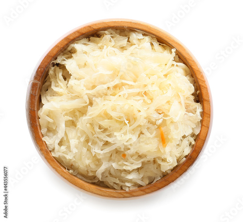 Bowl with tasty sauerkraut on white background