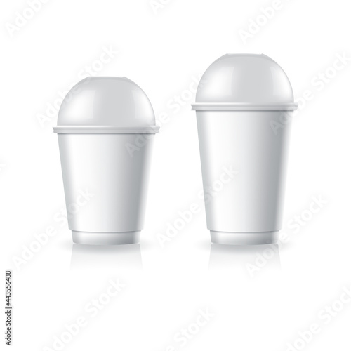 Blank white paper-plastic coffee-tea cup with clear dome lid in small and medium size mockup template.