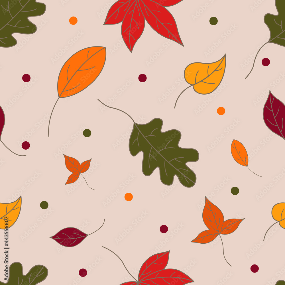 Seamless autumn leaves pattern. Pattern in flat style. Leaves in autumn colors. Background for your cards, illustrations, wallpaper, gift paper. Seamless autumn leaves pattern. Pattern in flat style. Leaves in autumn colors. Background for your cards, illustrations, wallpaper, gift paper.