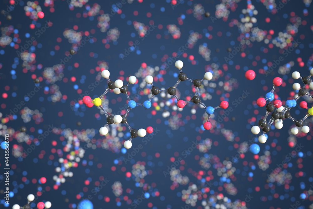 Molecule of Nifurtimox. Molecular model, conceptual 3d rendering Molecule of Nifurtimox. Molecular model, conceptual 3d rendering
