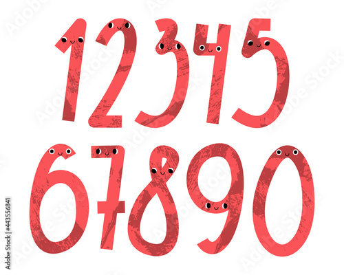 Cute kawaii number characters: one, two, three, four, five, six, seven, eight, nine, zero. Funny kids mathematics. Pink math symbol with smiling face: 1, 2, 3, 4, 5, 6, 7, 8, 9, 0. Vector flat cartoon