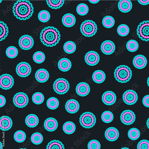 Line Bicycle cassette mountain bike icon isolated seamless pattern on black background. Rear Bicycle Sprocket. Chainring crankset with chain. Vector
