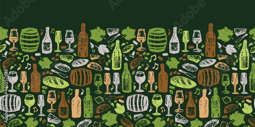 Vector green wine bar pen sketch doodle horizontal border pattern with bread and cheese. Suitable for posters and wine bar menu.