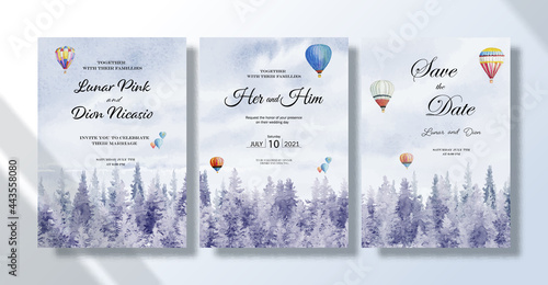 Wedding invitation card set watercolor landscape paintings travelling with balloons.