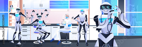 robots with scientist in protective suit making experiments in lab genetic engineering artificial intelligence concept