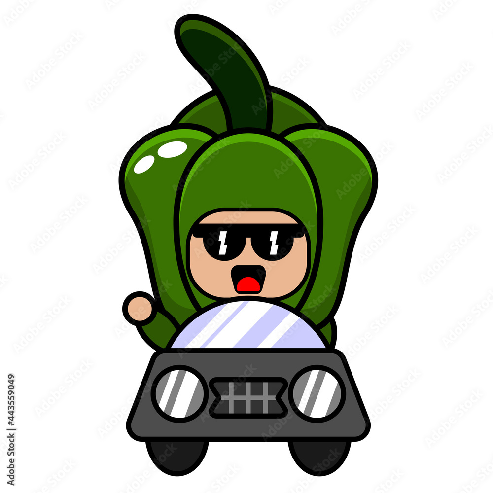 green pepper mascot costume vector cartoon character driving a car. very suitable for posters, printed fabrics, children's clothes green pepper mascot costume vector cartoon character driving a car. very suitable for posters, printed fabrics, children's clothes