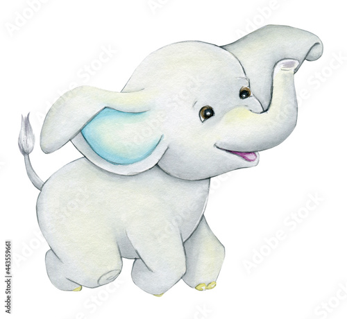 Cute baby elephant in a cartoon style. Watercolor animal, on an isolated background, for children's holidays.