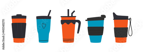 Set of tumblers with cap, handle and straw. Reusable cups and thermo mug. Different designs of thermos for take away coffee. Vector illustrations isolated in flat and cartoon style on white background photo