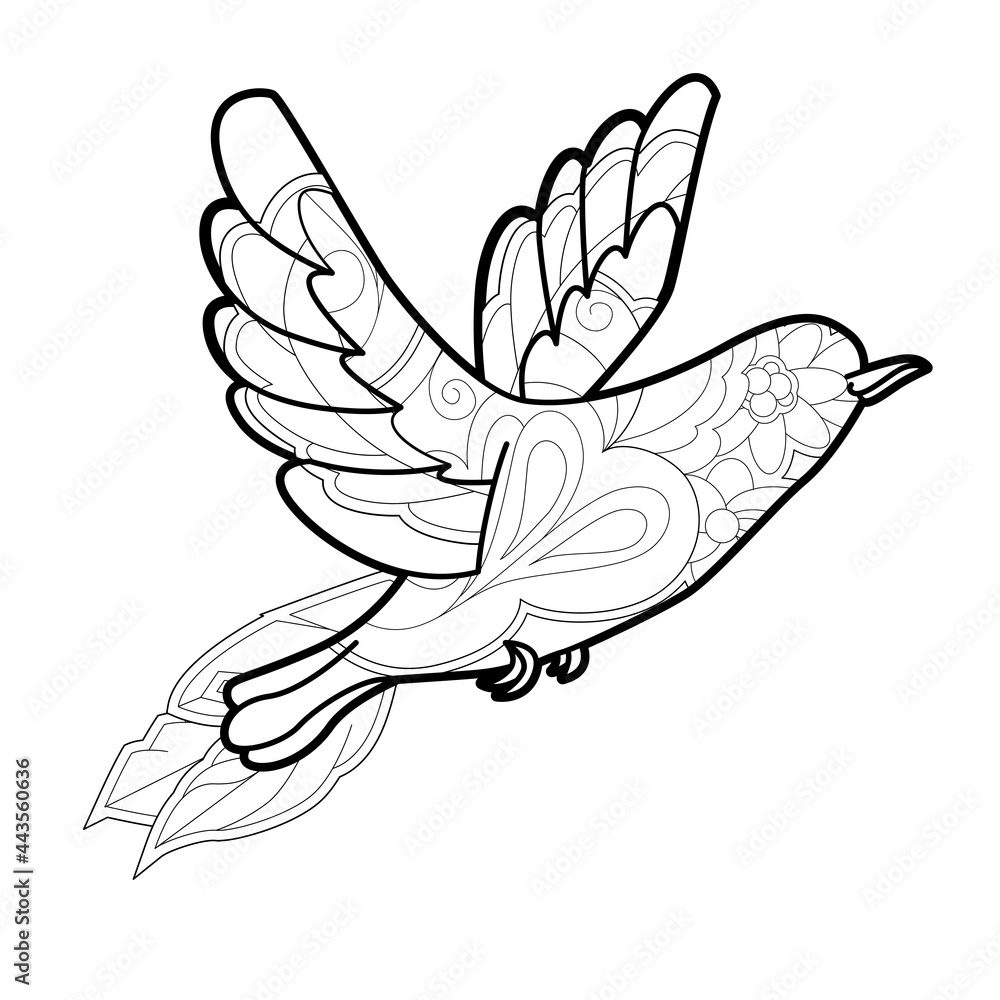 Fototapeta premium Contour linear illustration with bird for coloring book. Cute dove, anti stress picture. Line art design for adult or kids in zentangle style and coloring page.