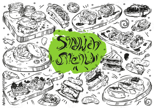 Hand drawn line vector illustration food on white background. Sandwich menu: sandwiches, bruschetta, crostini, burger