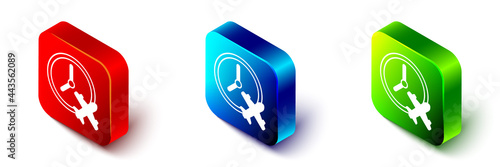 Isometric Clock with airplane icon isolated on white background. Designation of time before departure, check-in for flight and arrival time symbol. Red, blue and green square button. Vector