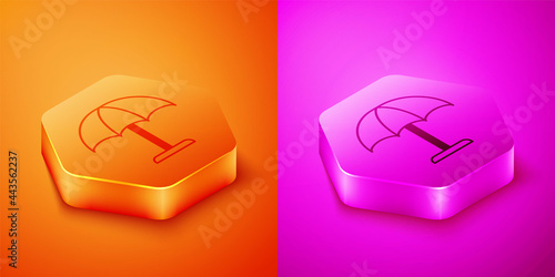 Isometric Sun protective umbrella for beach icon isolated on orange and pink background. Large parasol for outdoor space. Beach umbrella. Hexagon button. Vector