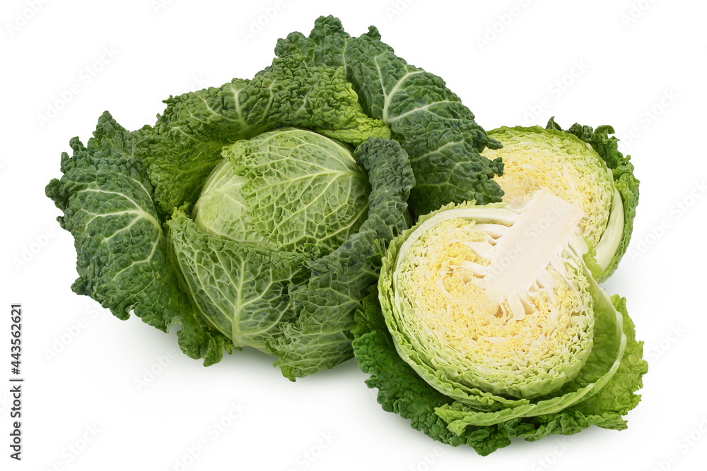 Fototapeta premium Savoy cabbage with half isolated on white background with clipping path and full depth of field