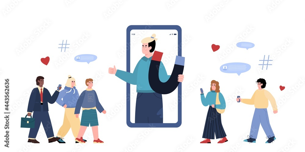 Influencer young man on mobile phone screen holding magnet for attraction buyers Influencer young man on mobile phone screen holding magnet for attraction buyers