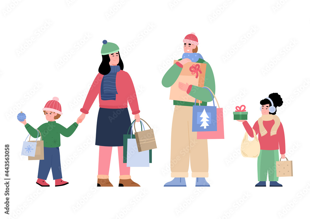 Family doing Christmas shopping together, cartoon vector illustration isolated.