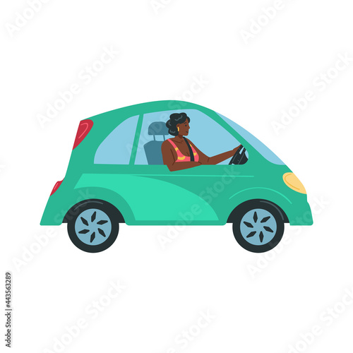 African american woman riding electric car, flat vector illustration isolated.