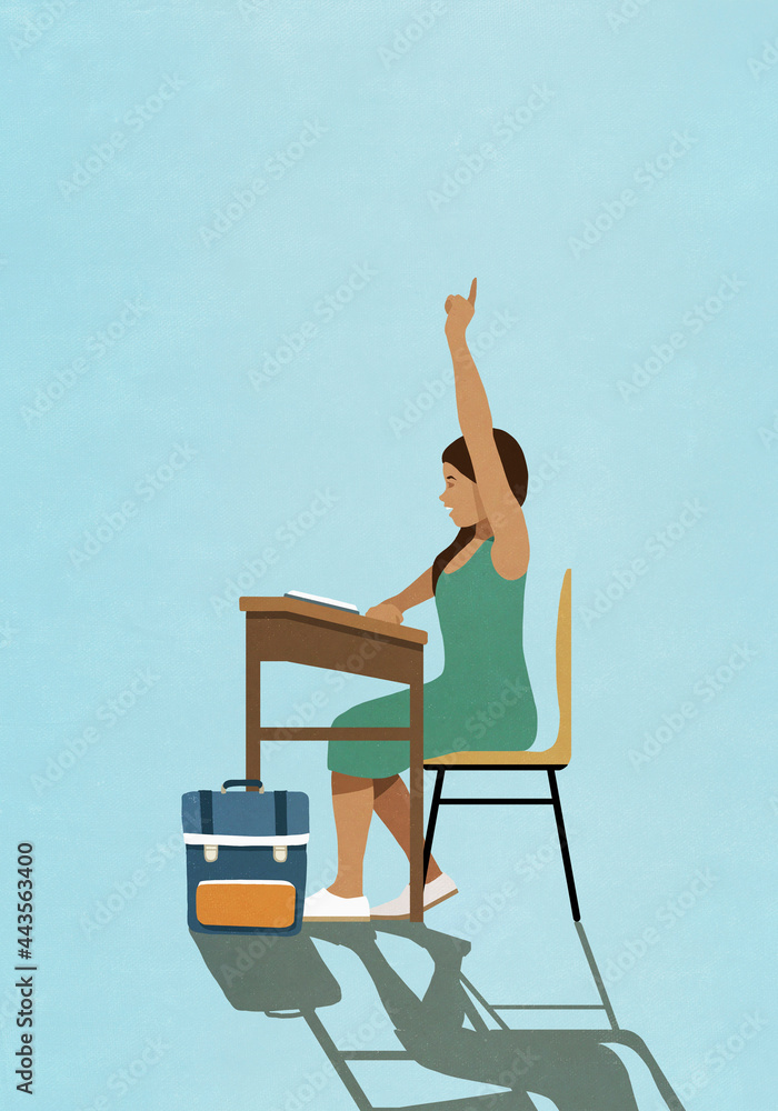 Schoolgirl raising hand at classroom desk Stock Illustration | Adobe Stock