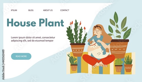 Urban jungle website with woman petting her cat in room with houseplants, flat vector illustration. Scandinavian urban greenery at home concept of web banner.