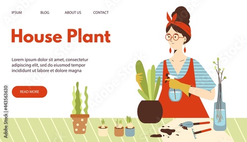 Urban jungle web banner with woman taking care of houseplants, flat vector illustration. Website page interface for houseplanting and home gardening.