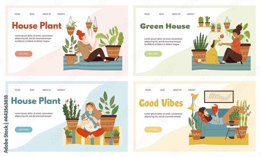 Set of web banners with women at home among house plants. Caring for indoor plants and green lifestyle concept of web pages, flat vector illustration.
